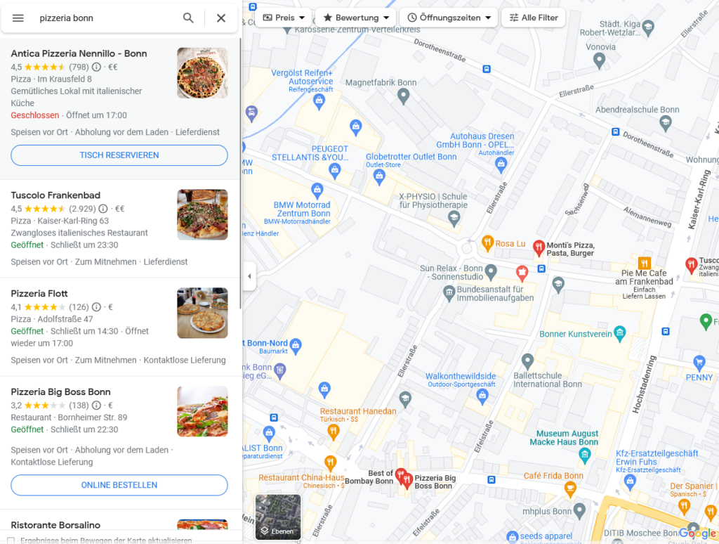 Screenshot der Ergebnisse der Google Maps-Suche für 'pizzeria bonn'