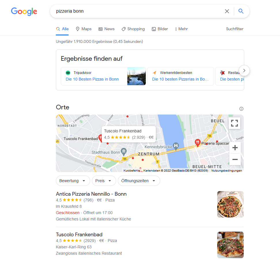 Screenshot der Ergebnisse der Google Suche für 'pizzeria bonn'